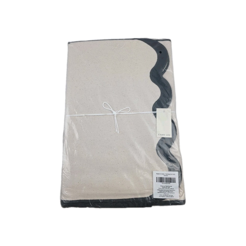 Chan Luu Beige & Black Scalloped Edge Cotton Linen Table Runner 72" - Picture 2 of 3